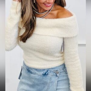 Off-Shoulder Fuzzy Knit Sweater in Cream